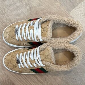 Gucci Tan Ace Sneakers with Red and Green Stripes and fur lining